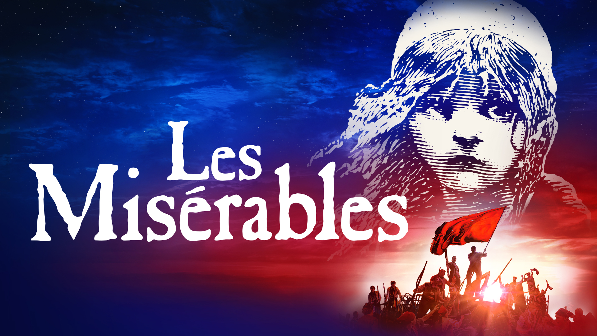 Cosette's face over the iconic barricade scene with title of Les Misérables in white text on a sunrise background