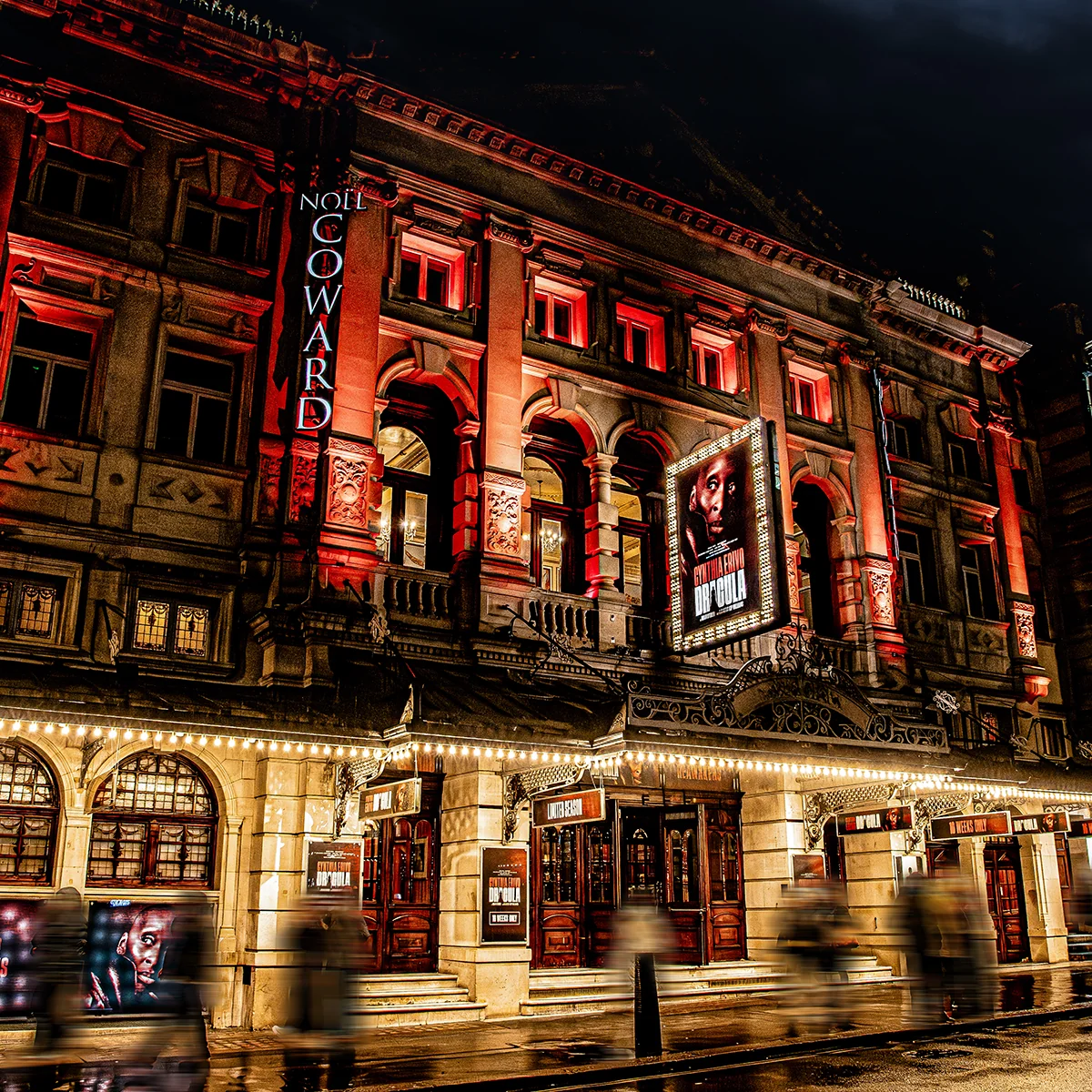 External view of the Noël Coward Theatre with Dracula signage