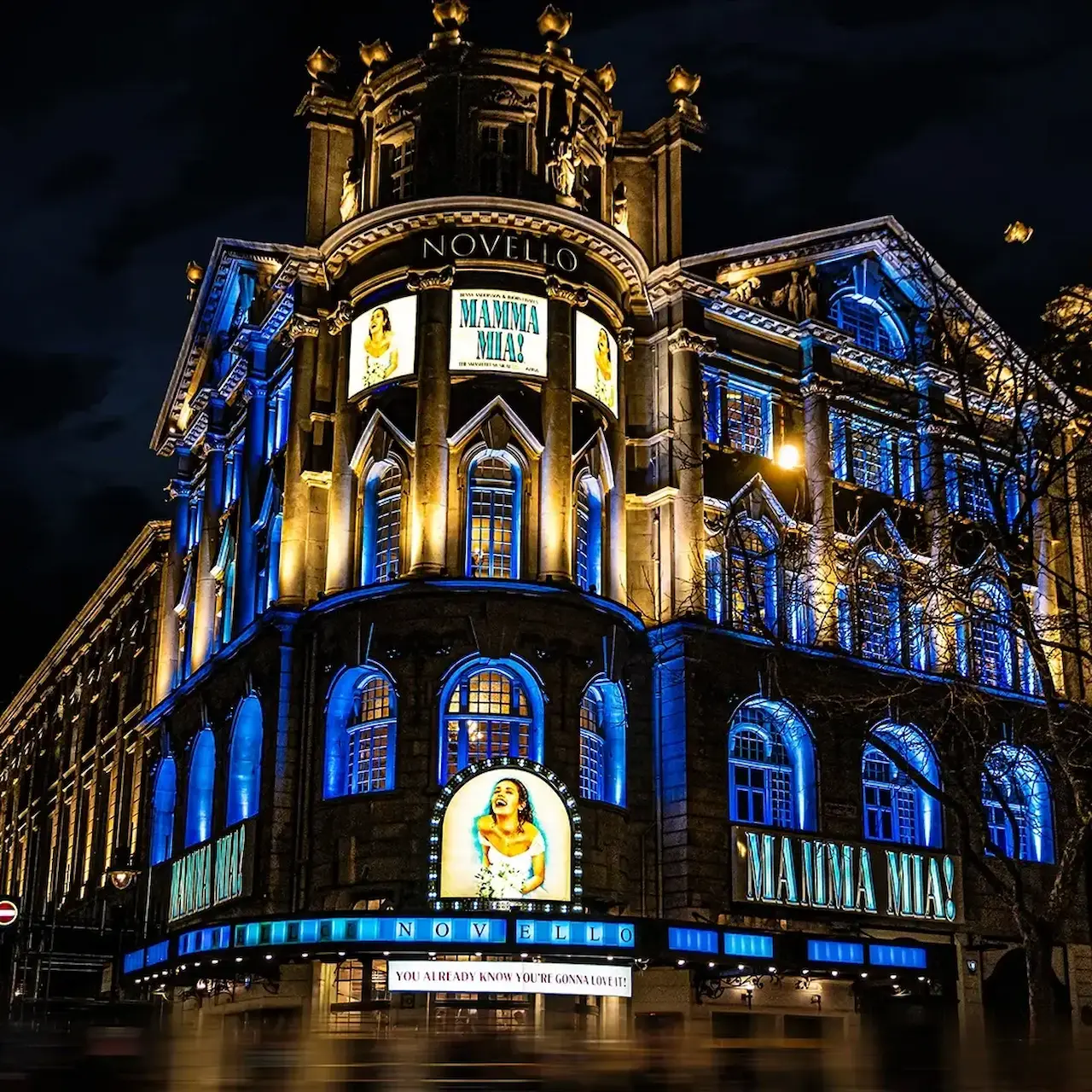 External view of Novello Theatre with MAMMA MIA! signage