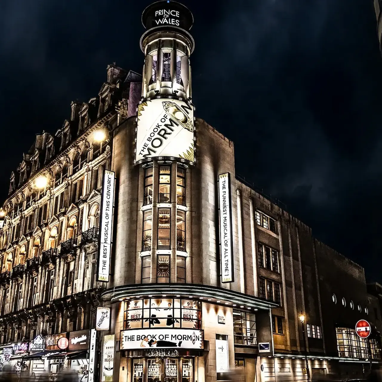 External view of Prince of Wales Theatre with The Book of Mormon signage