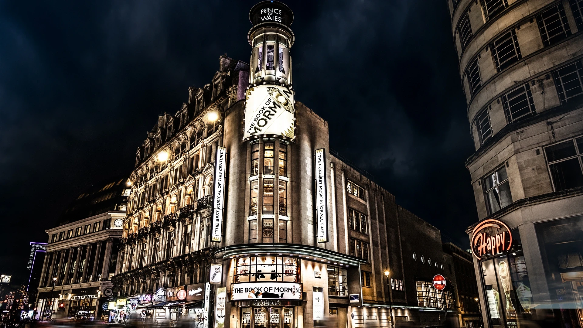 External view of Prince of Wales Theatre with The Book of Mormon signage