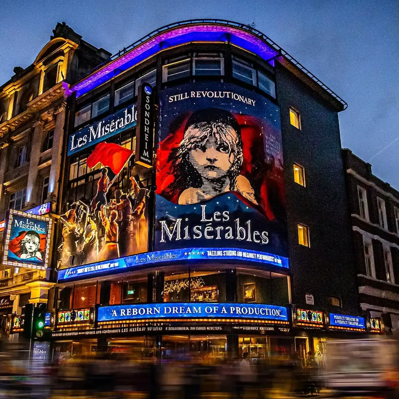 External view of Sondheim Theatre with Les Misérables signage