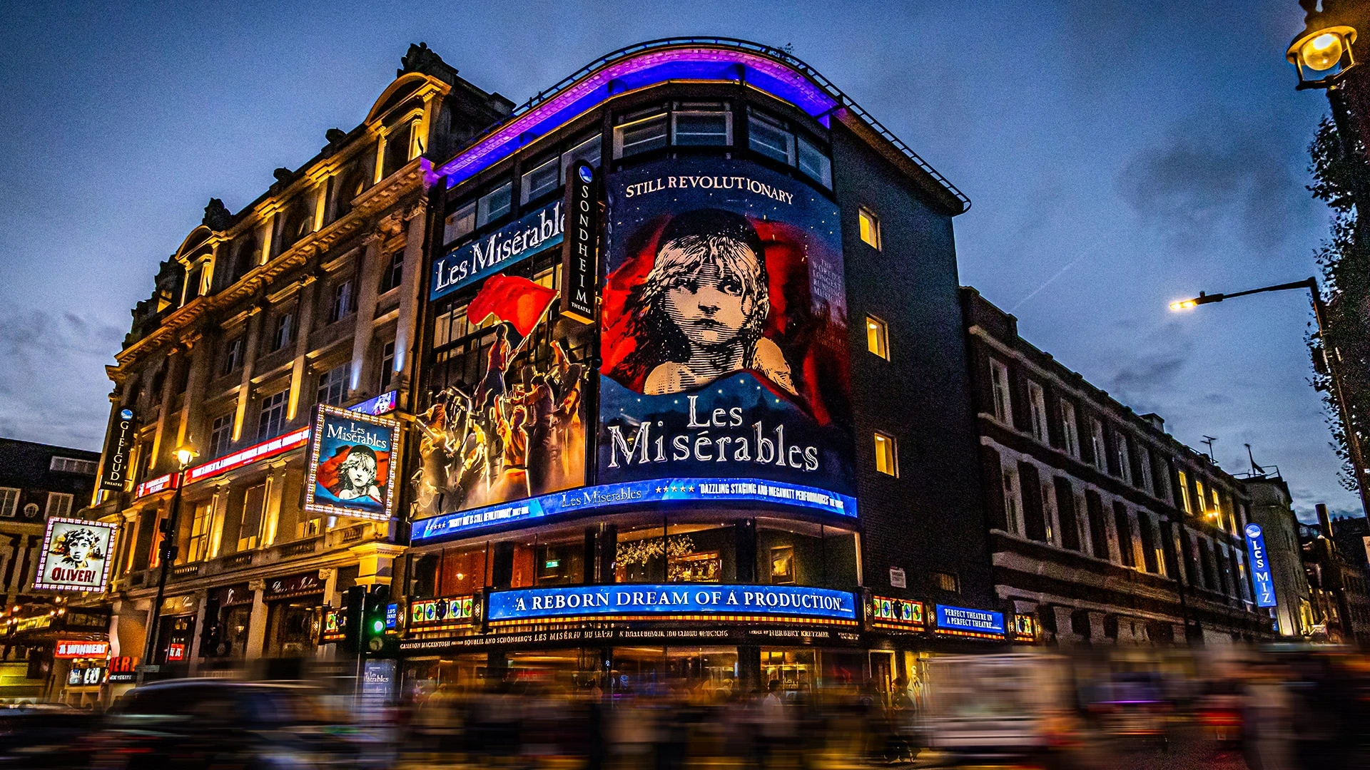 External view of Sondheim Theatre with Les Misérables signage