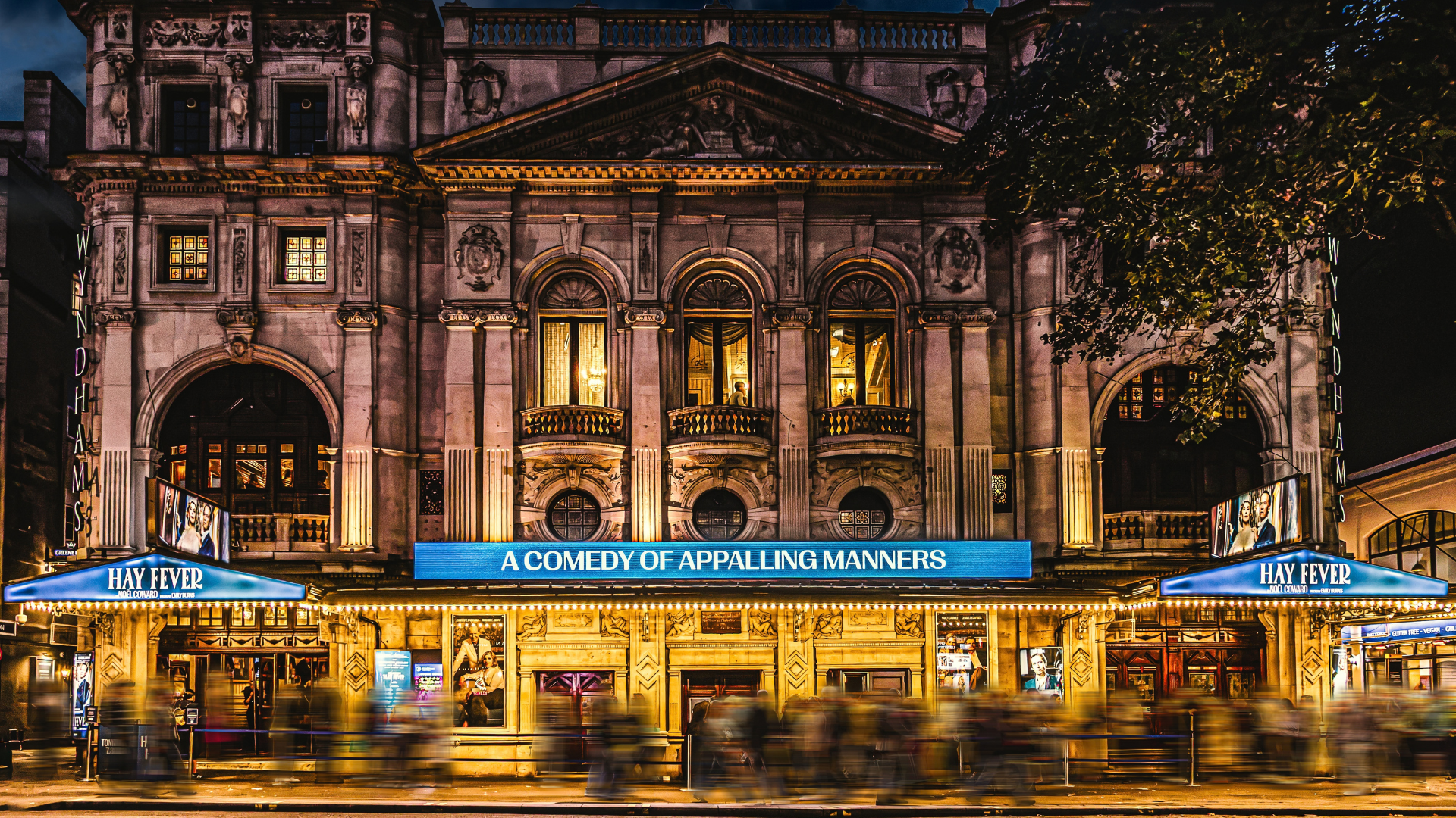 Front of house image of Wyndham's theatre where Hay Fever is playing.