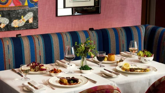 Brumus Restaurant interior with food on a table