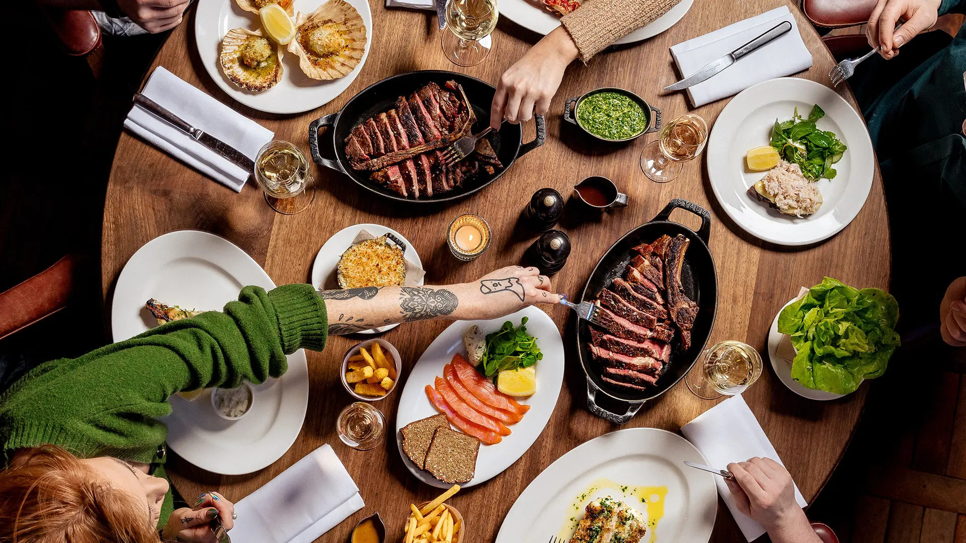 Birds eye view of a table full of food