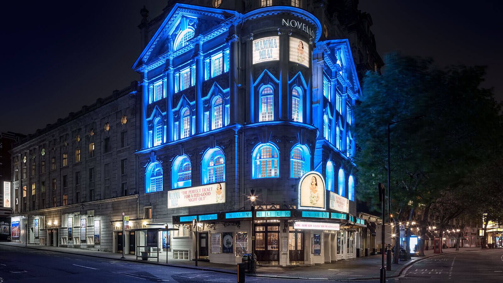 Novello Theatre exterior at night